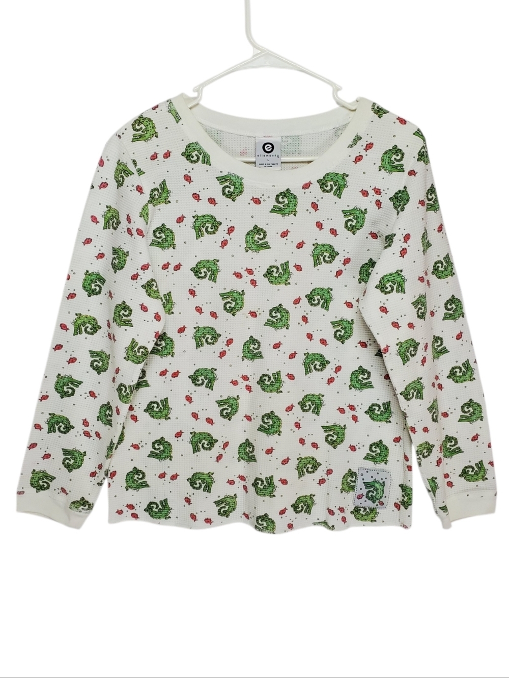 2616 * Ellemenno Vintage Crocodile Print Waffle Knit Long Sleeve Top Size L